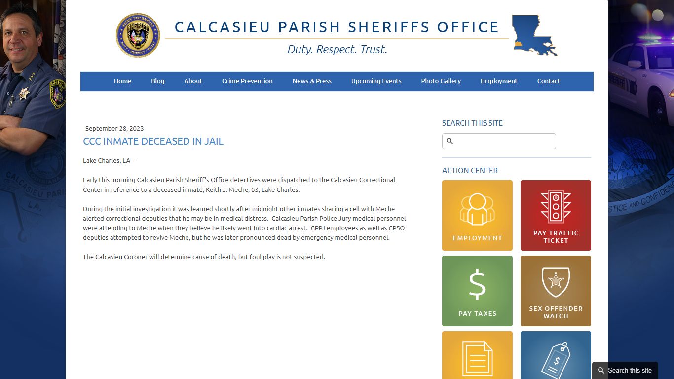 CCC INMATE DECEASED IN JAIL - Calcasieu Parish Sheriff's Office - cpso.com